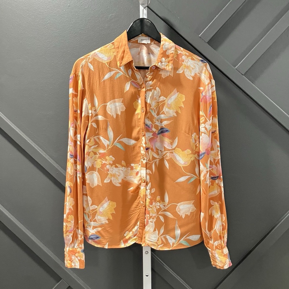 Song of Style Shirt Size XS Orange Floral Satin Button Down Blouse Long Sleeve